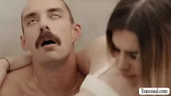 Play T-Girl Boss Gives Rough Anal Sex to Submissive TS Maid in the Laundry Room